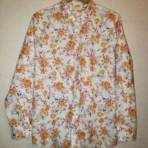 GARNET HILL Orange Floral Organic Pima Cotton Button Long Sleeve Blouse L